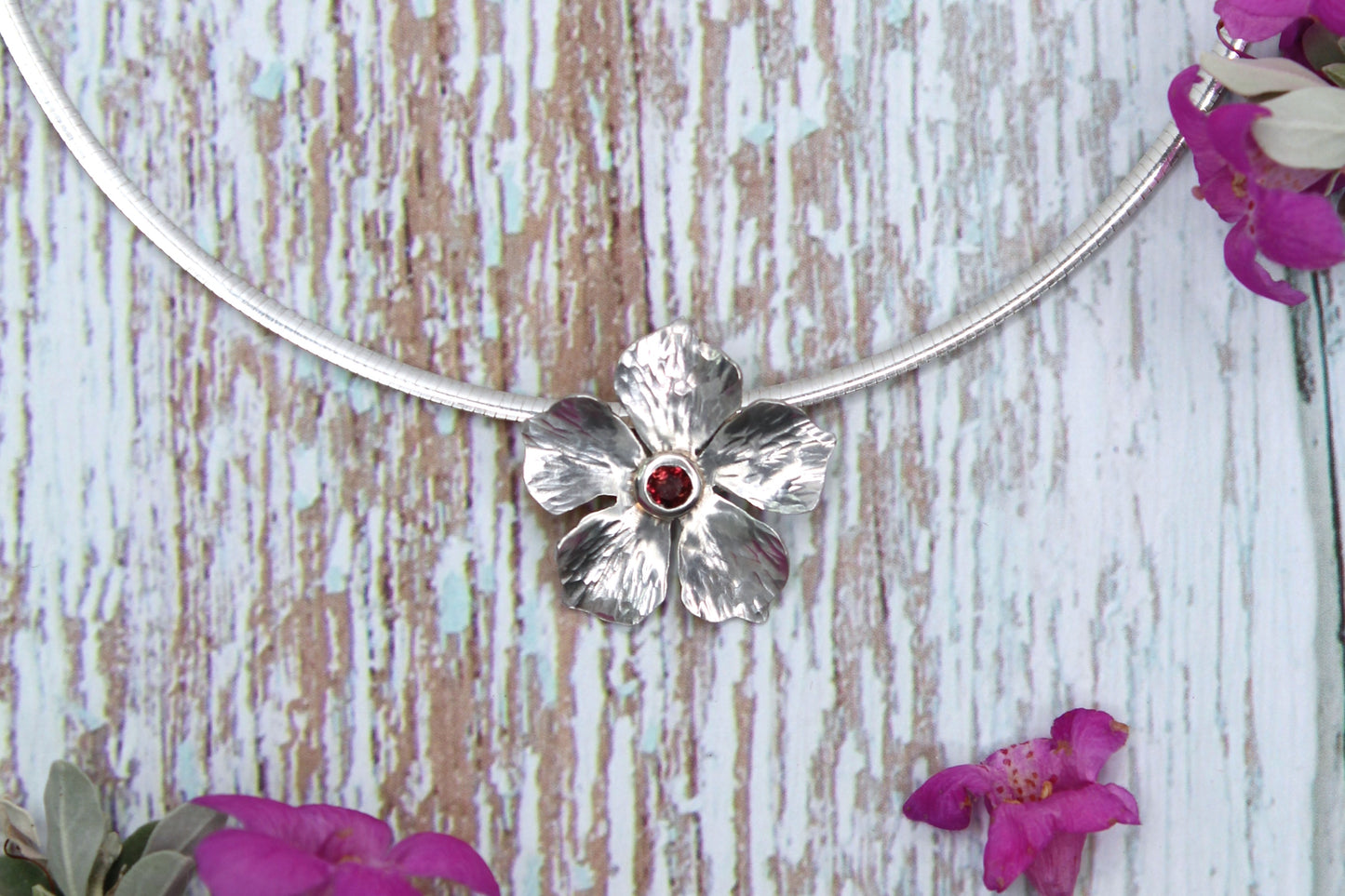 Pink Tourmaline Flower Hand-Pierced Sterling Silver Necklace