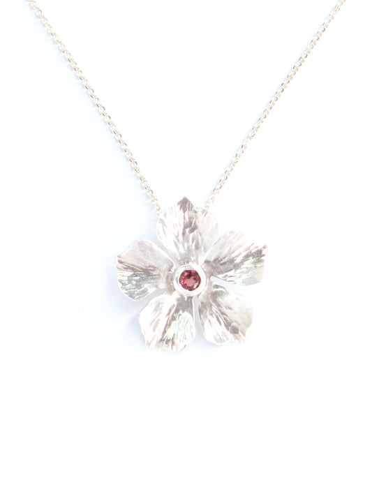 Pink Tourmaline Flower Hand-Pierced Sterling Silver Necklace