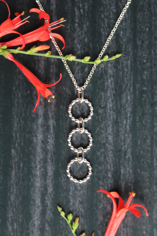 Trinity Beaded Circle Sterling Silver Everyday Pendant Necklace. Handmade by Cara Carter Jewelry