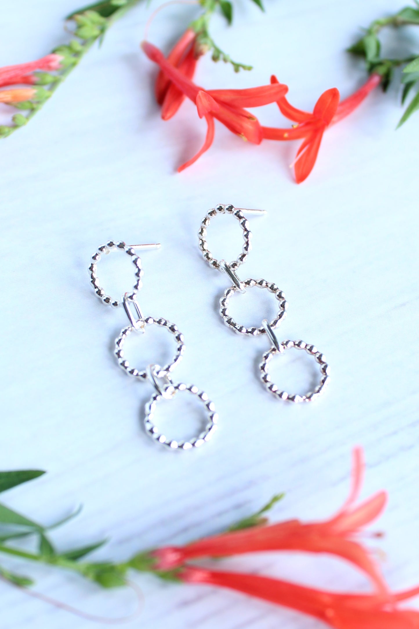 Trinity Beaded Circle Dangle Sterling Silver Post Stud Earrings by Cara Carter Jewelry