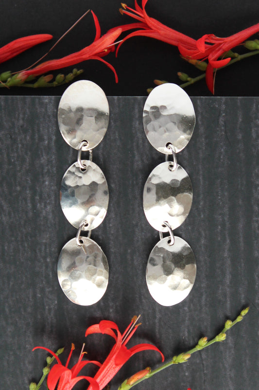 Trinity Shield Sterling Silver Hammered Ovals Dangle Post Earrings. Handmade by Cara Carter Jewelry
