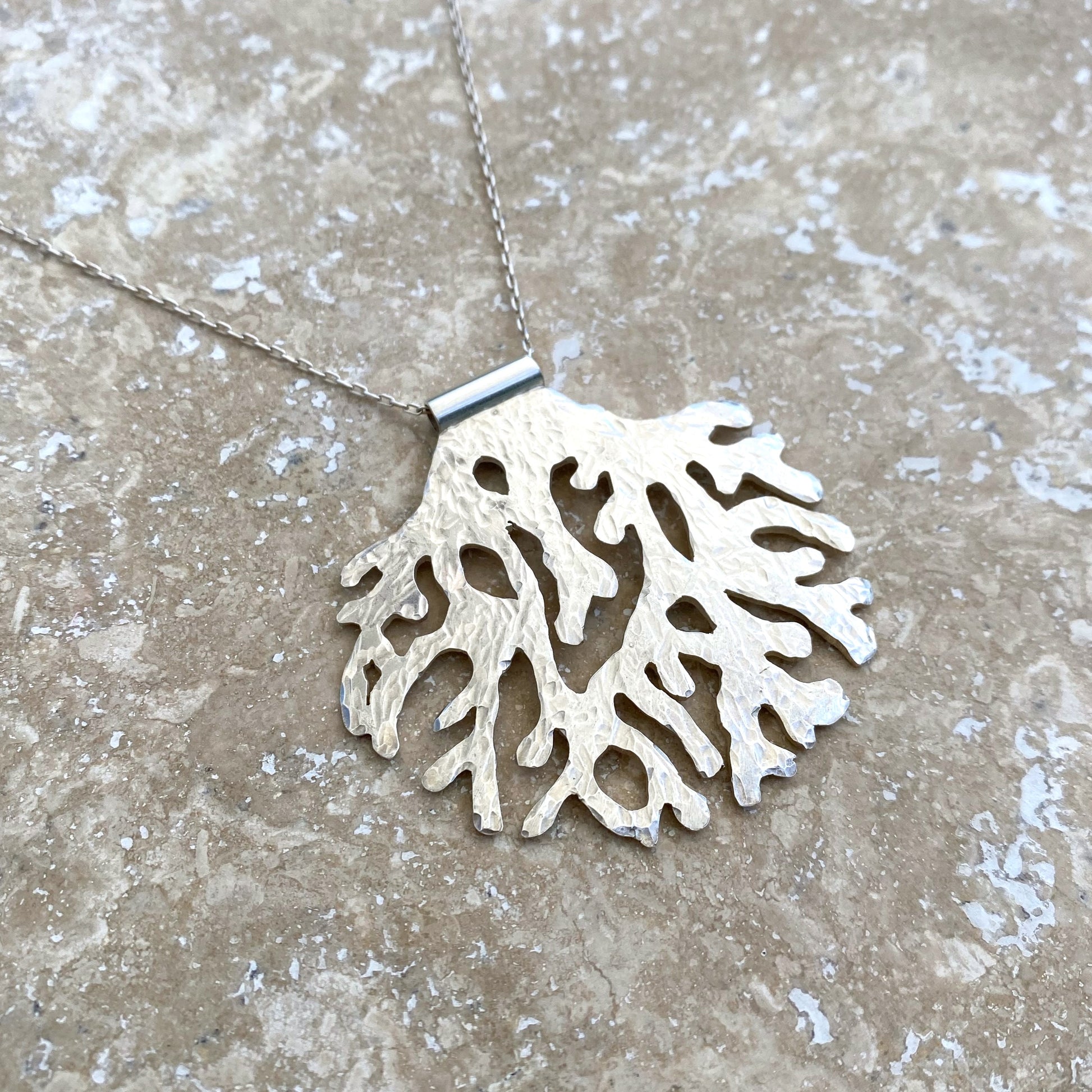 Coral Oasis Sterling Silver Hand Pierced and Hammered Handmade Pendant Necklace by Cara Carter Jewelry