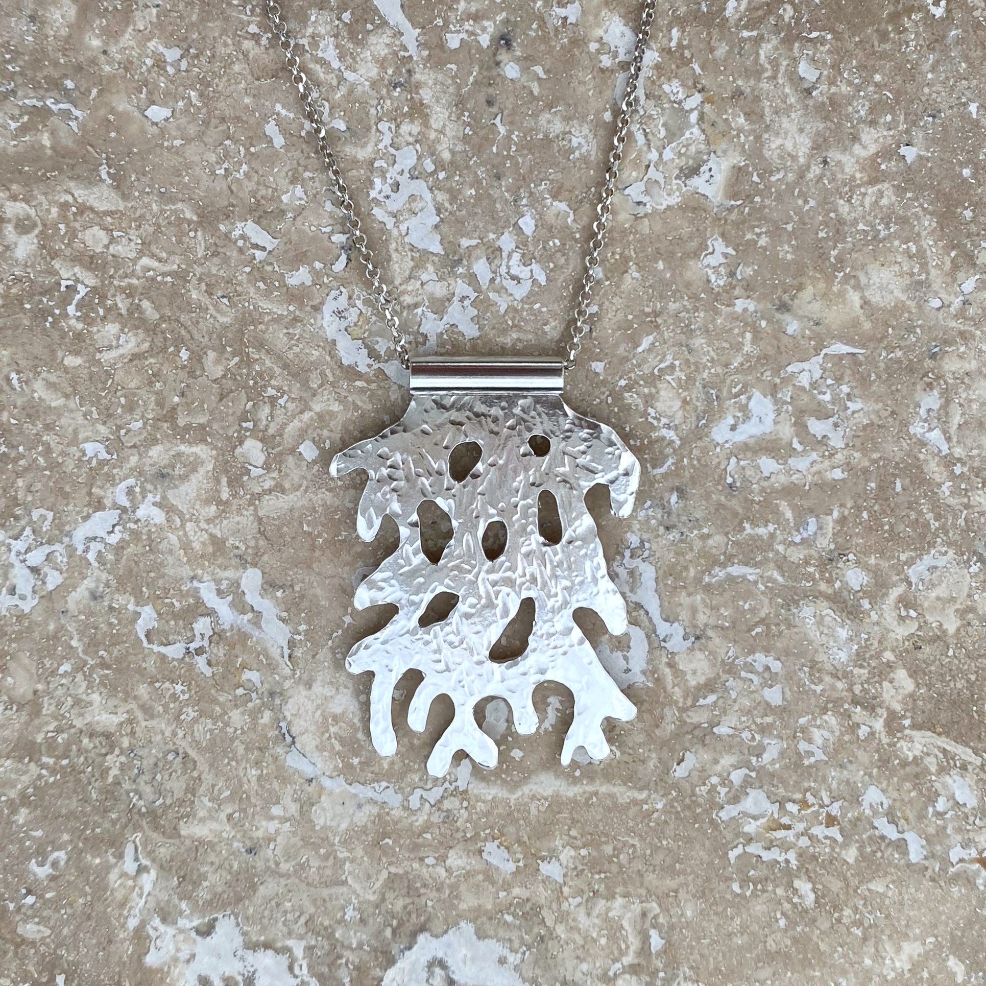 Coral Drift Sterling Silver Hand Pierced and Hammered Handmade Pendant Necklace by Cara Carter Jewelry