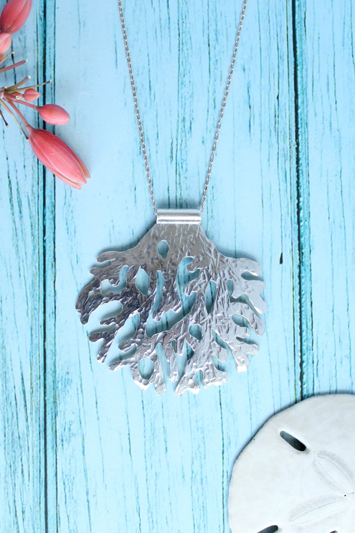 Coral Oasis Sterling Silver Hand Pierced and Hammered Handmade Pendant Necklace by Cara Carter Jewelry