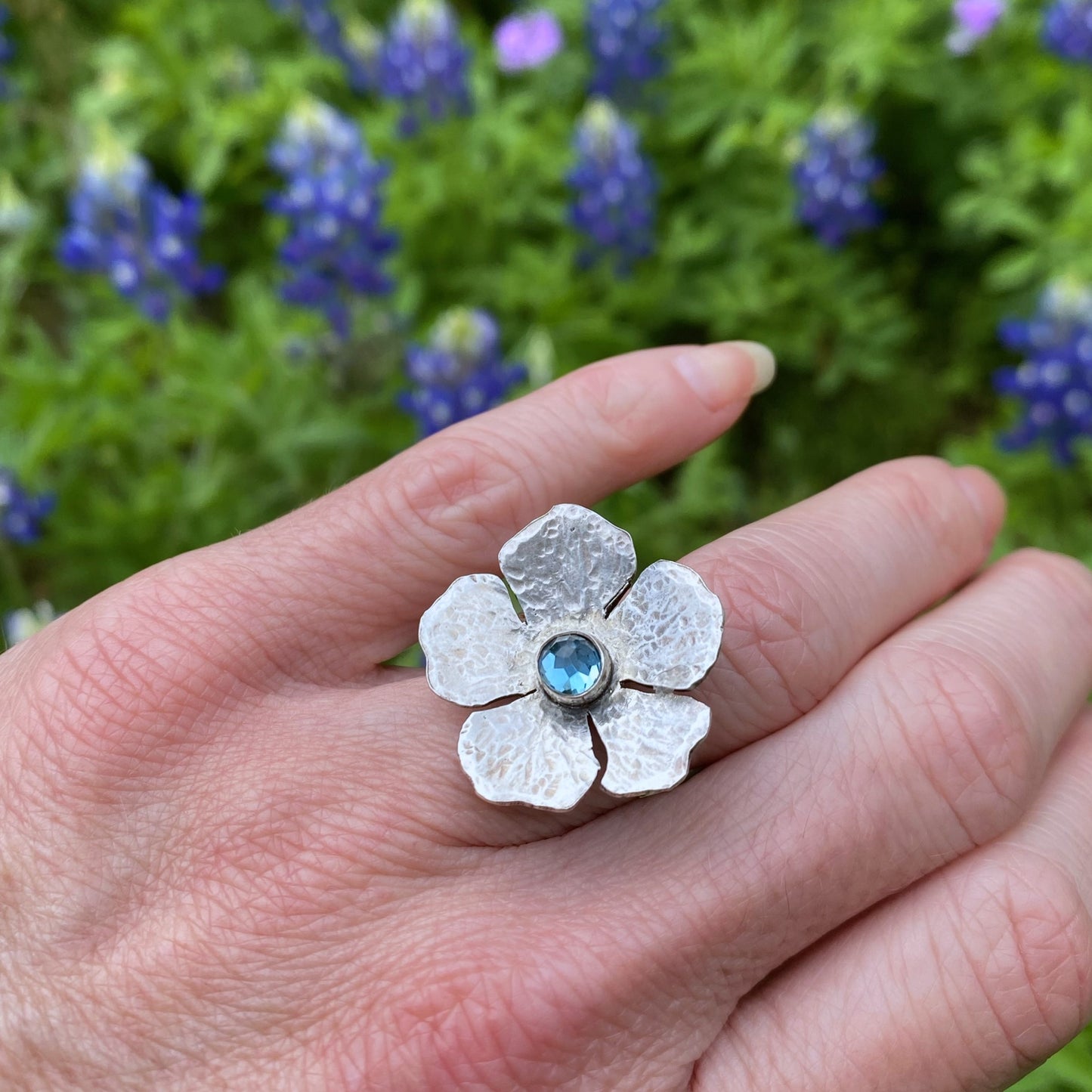 Handmade Blue Topaz Flower Hand-Pierced Sterling Silver Ring - Size 6.5 by Cara Carter Jewelry