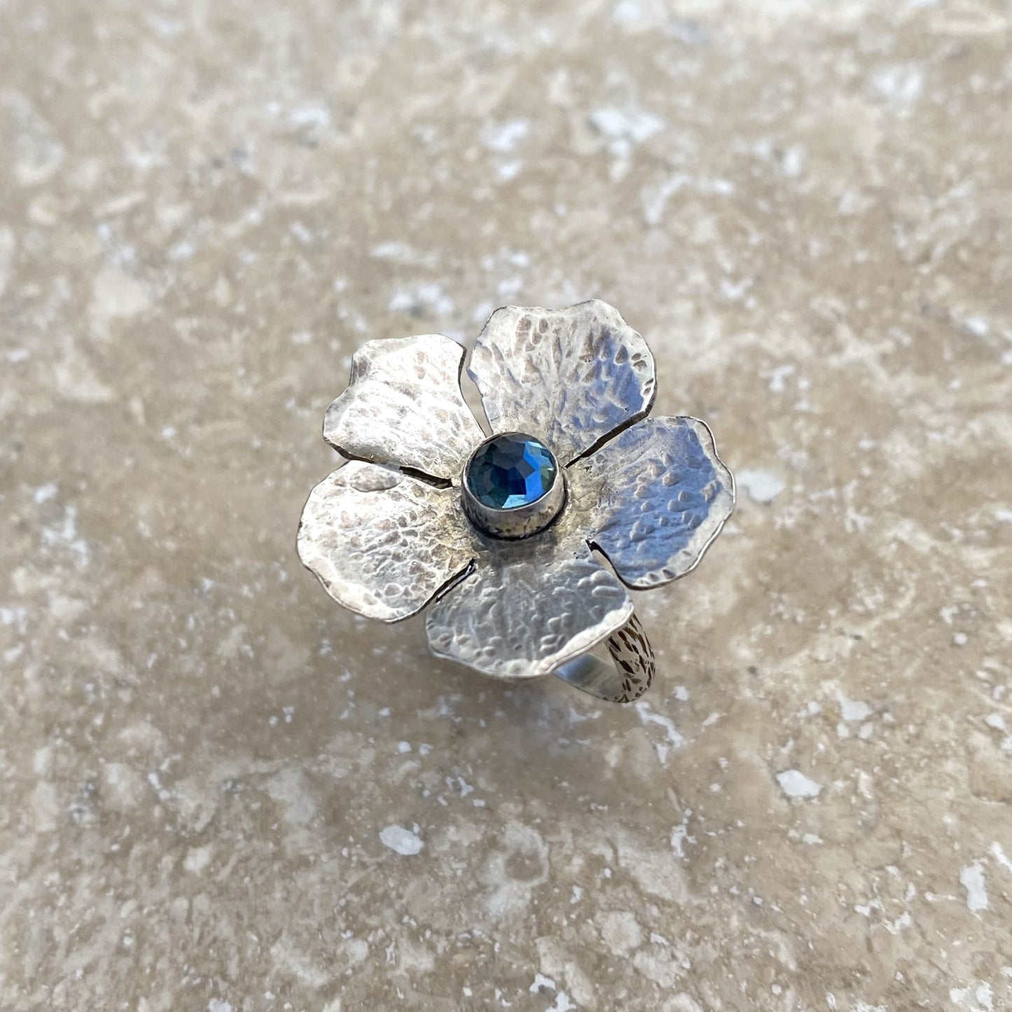 Handmade Blue Topaz Flower Hand-Pierced Sterling Silver Ring - Size 6.5 by Cara Carter Jewelry