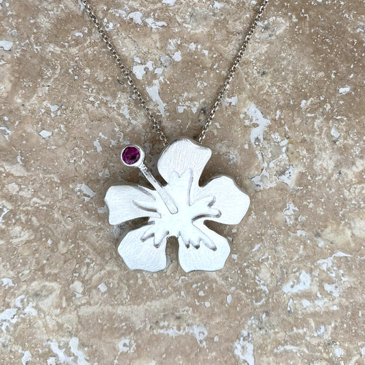 Hibiscus Flower Hand-Pierced Sterling Silver Necklace with Tourmaline