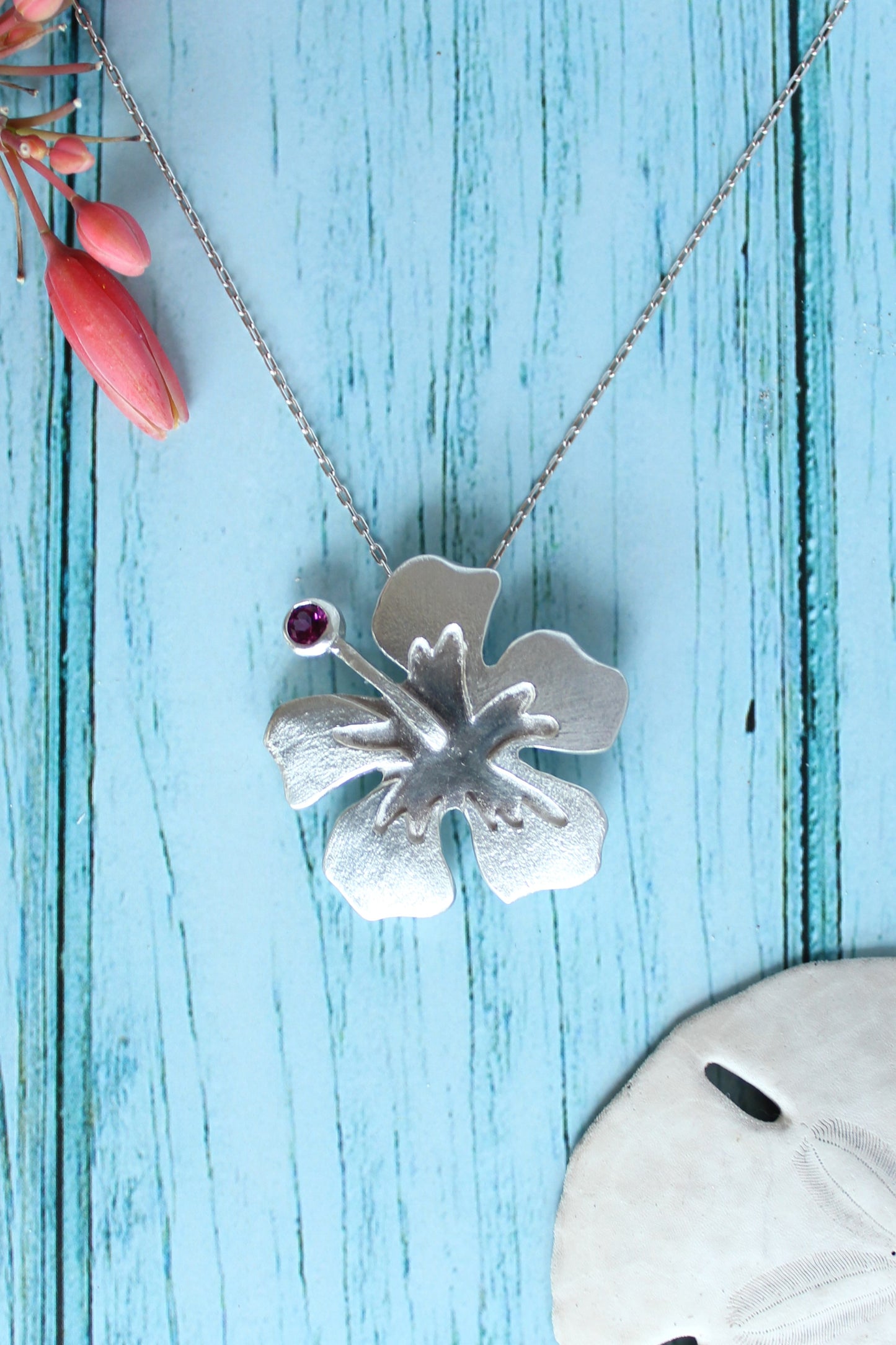 Handmade Hibiscus Flower Hand-Pierced Sterling Silver Pendant Necklace with Pink Tourmaline Gemstone by Cara Carter Jewelry