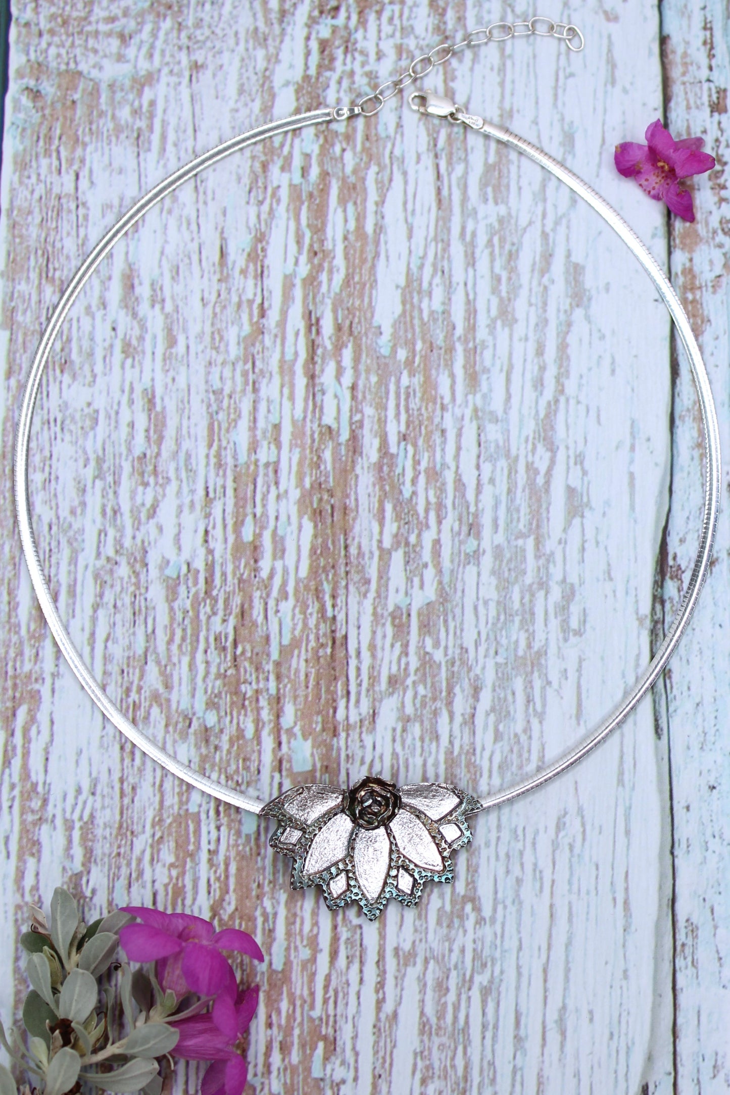 Lotus Succulent Flower Hand-Pierced Sterling Silver Necklace