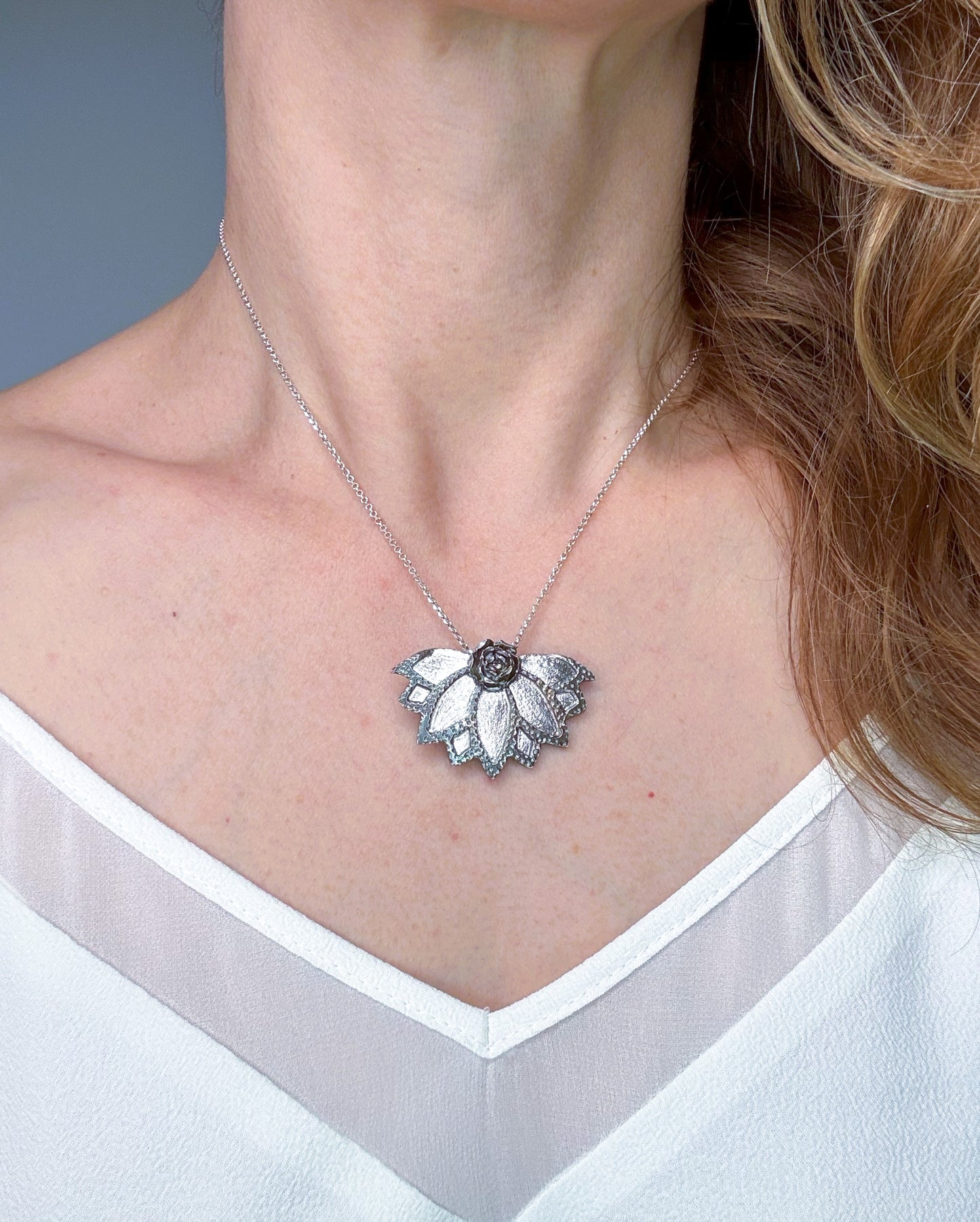 Lotus Succulent Flower Hand-Pierced Sterling Silver Necklace