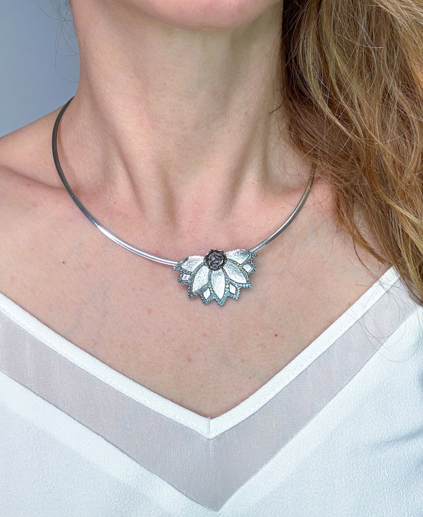 Lotus Succulent Flower Hand-Pierced Sterling Silver Necklace