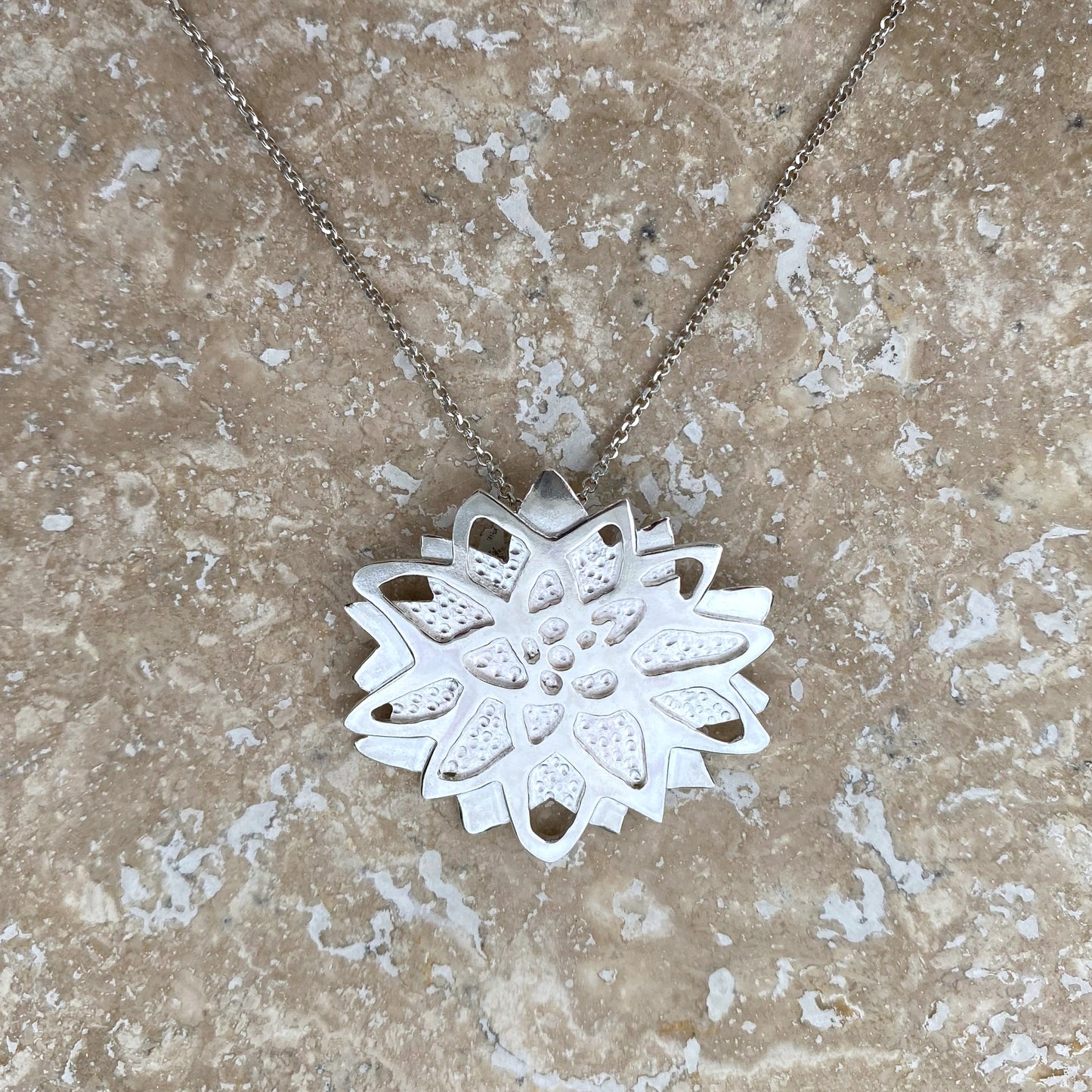 Lotus Bloom Flower Hand-Pierced Sterling Silver Necklace