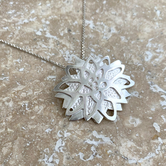Lotus Bloom Flower Hand-Pierced Sterling Silver Necklace