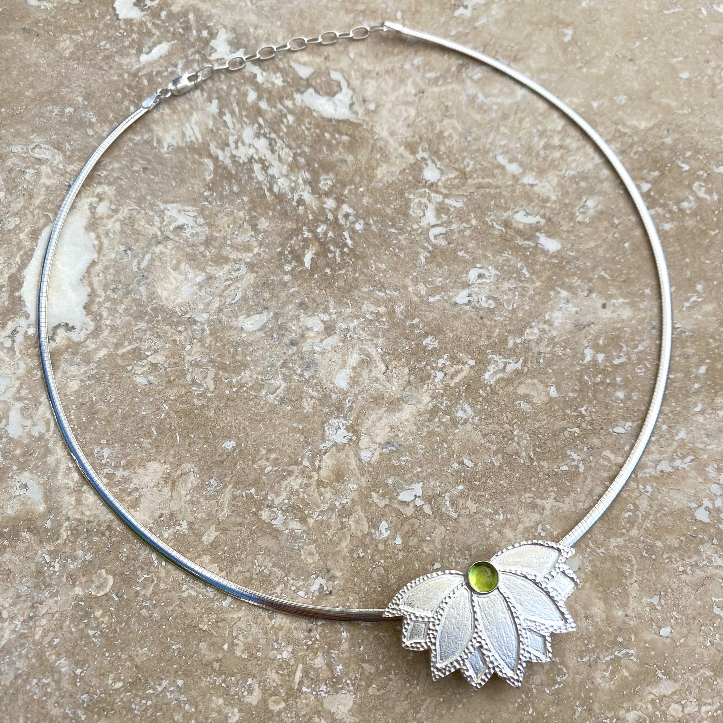 Lotus Fan Flower Hand-Pierced Sterling Silver Necklace with Peridot