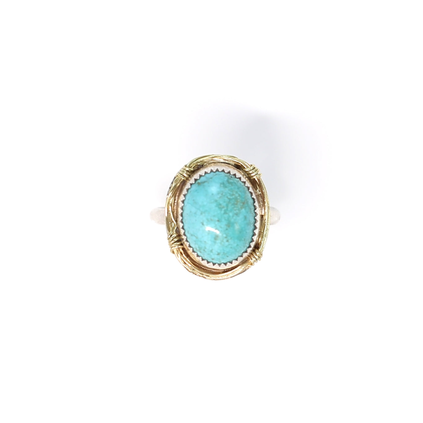 Turquoise "Bird's Nest" Handmade Ring in 18k Gold and Sterling Silver with Smooth Band