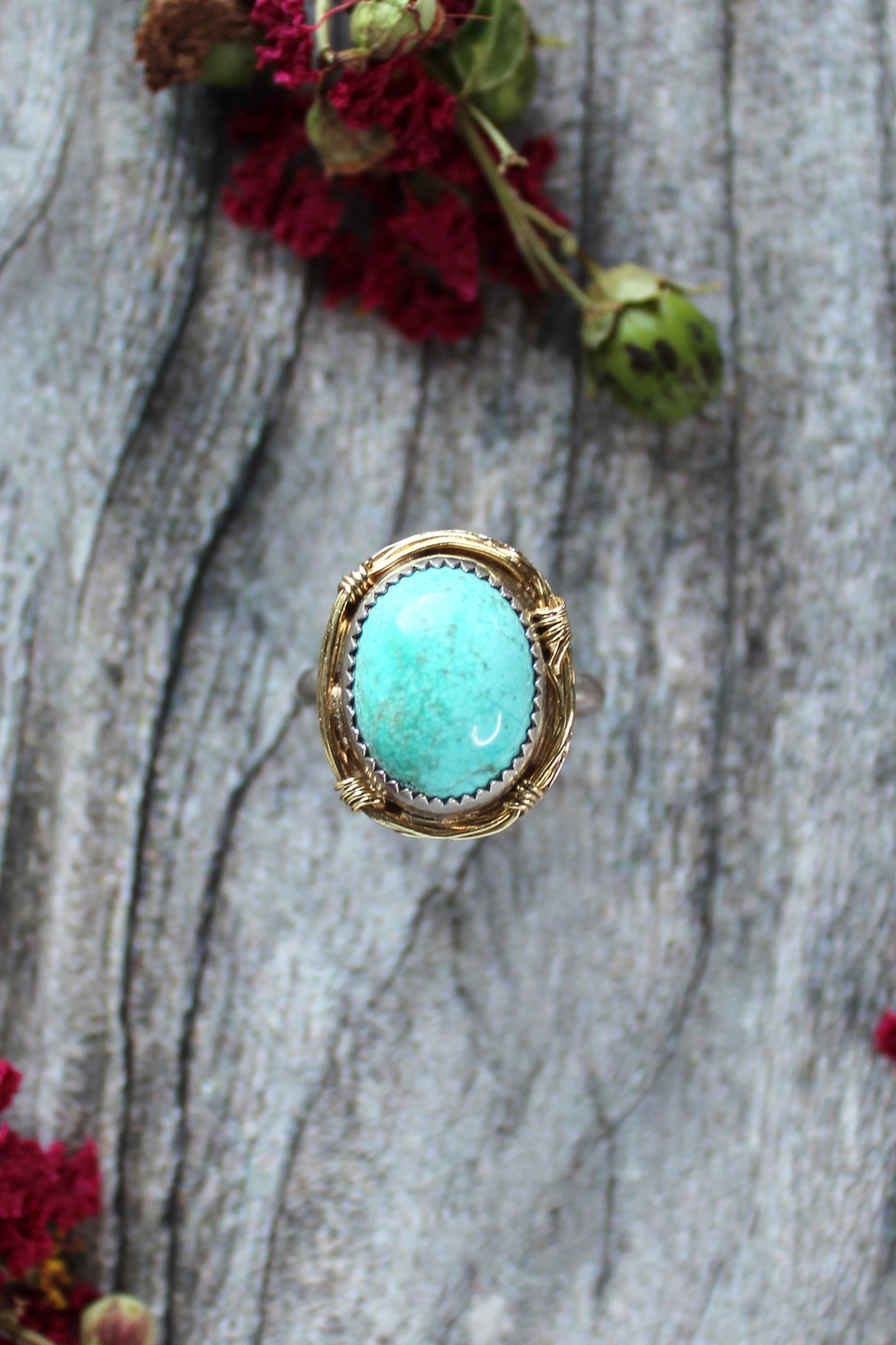 Turquoise Gemstone Birds Nest Ring set in Sterling Silver and 18k Gold. One of a Kind and Handmade by Cara Carter Jewelry