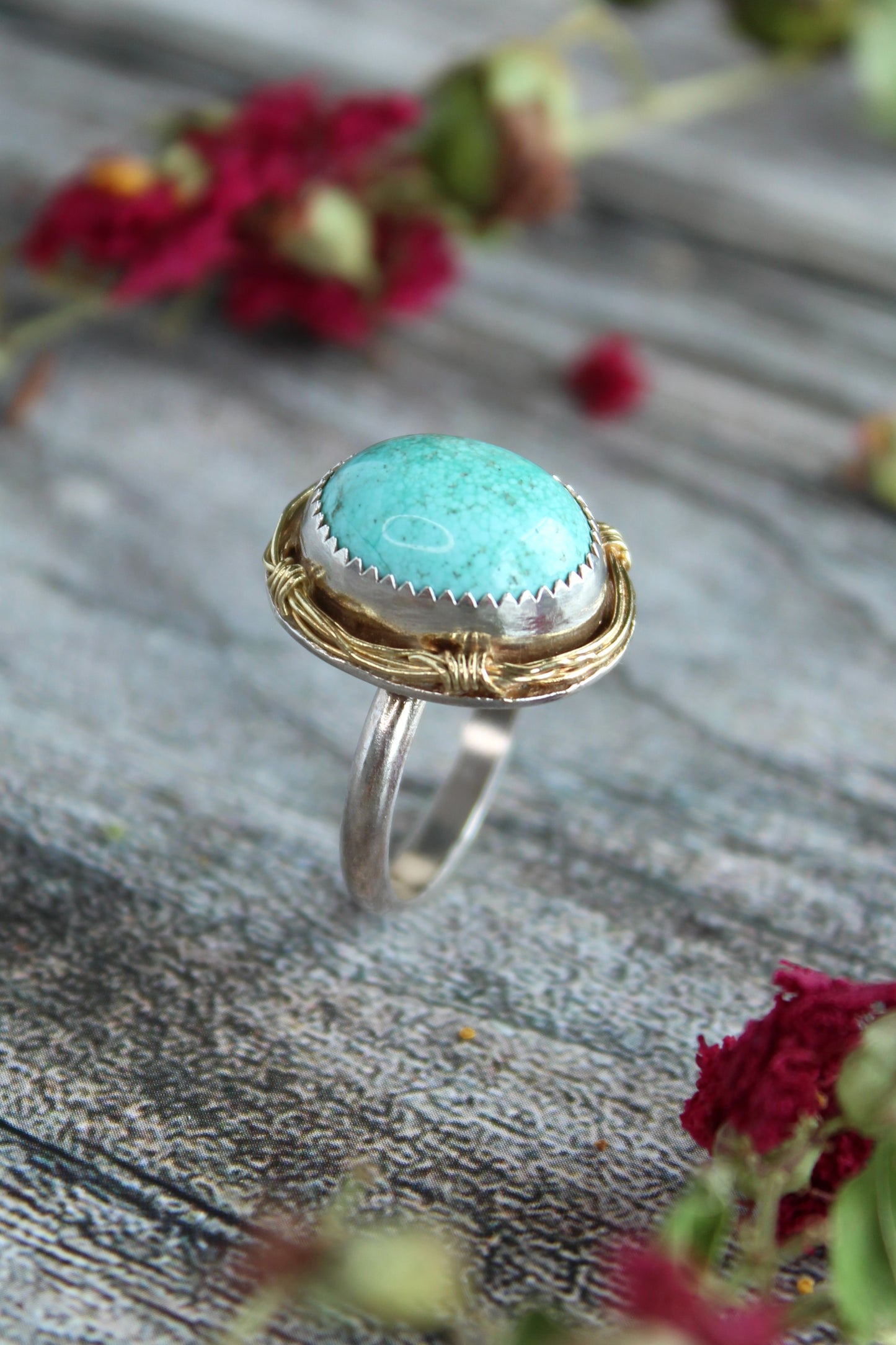 Turquoise Gemstone Birds Nest Ring set in Sterling Silver and 18k Gold. One of a Kind and Handmade by Cara Carter Jewelry