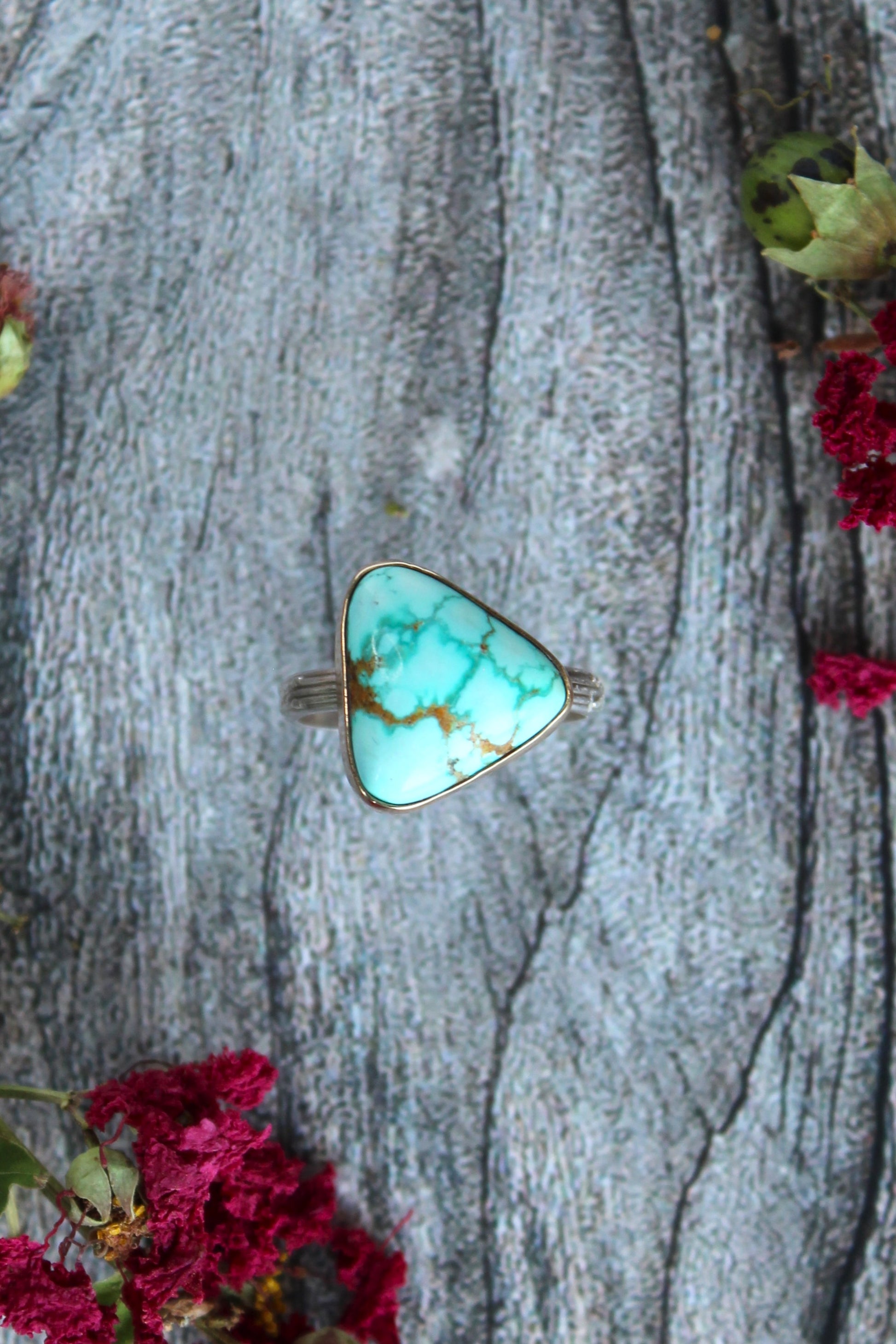 Turquoise Triangle Gemstone set in 14k Gold Bezel and Sterling Silver, Size 7. One of a Kind and Handmade by Cara Carter Jewelry