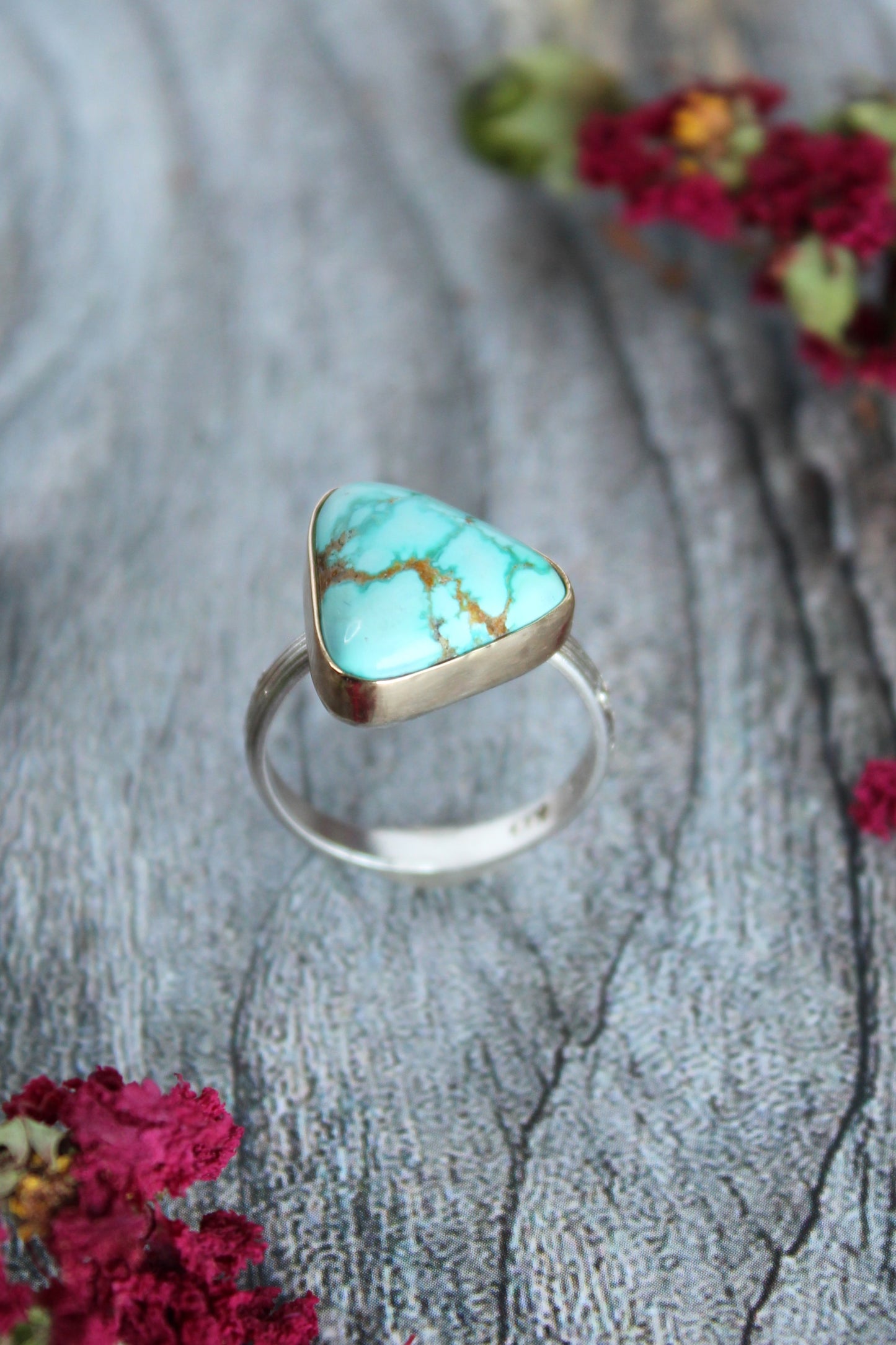 Turquoise Triangle Gemstone set in 14k Gold Bezel and Sterling Silver, Size 7. One of a Kind and Handmade by Cara Carter Jewelry