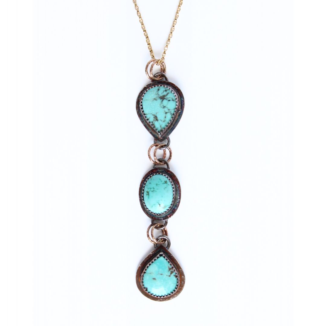 Turquoise Trio Long Statement Mixed Metal Necklace in Oxidized Sterling Silver and 14k Gold-Fill with 14k Gold-Fill Necklace. One of a Kind and Handmade by Cara Carter Jewelry