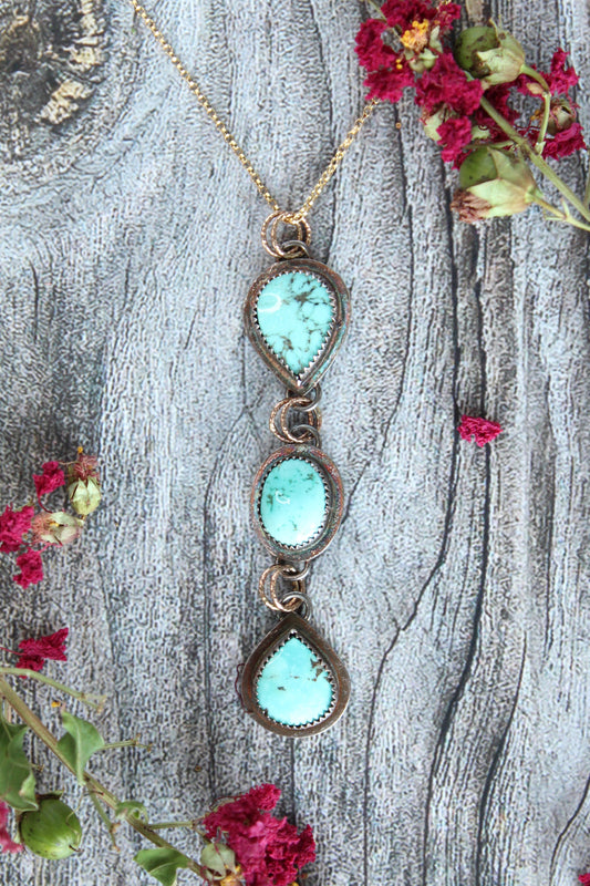 Turquoise Trio Long Statement Mixed Metal Necklace in Oxidized Sterling Silver and 14k Gold-Fill with 14k Gold-Fill Necklace. One of a Kind and Handmade by Cara Carter Jewelry