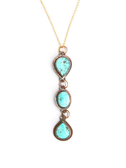 Turquoise Trio Long Statement Mixed Metal Necklace in Oxidized Sterling Silver and 14k Gold-Fill with 14k Gold-Fill Necklace. One of a Kind and Handmade by Cara Carter Jewelry