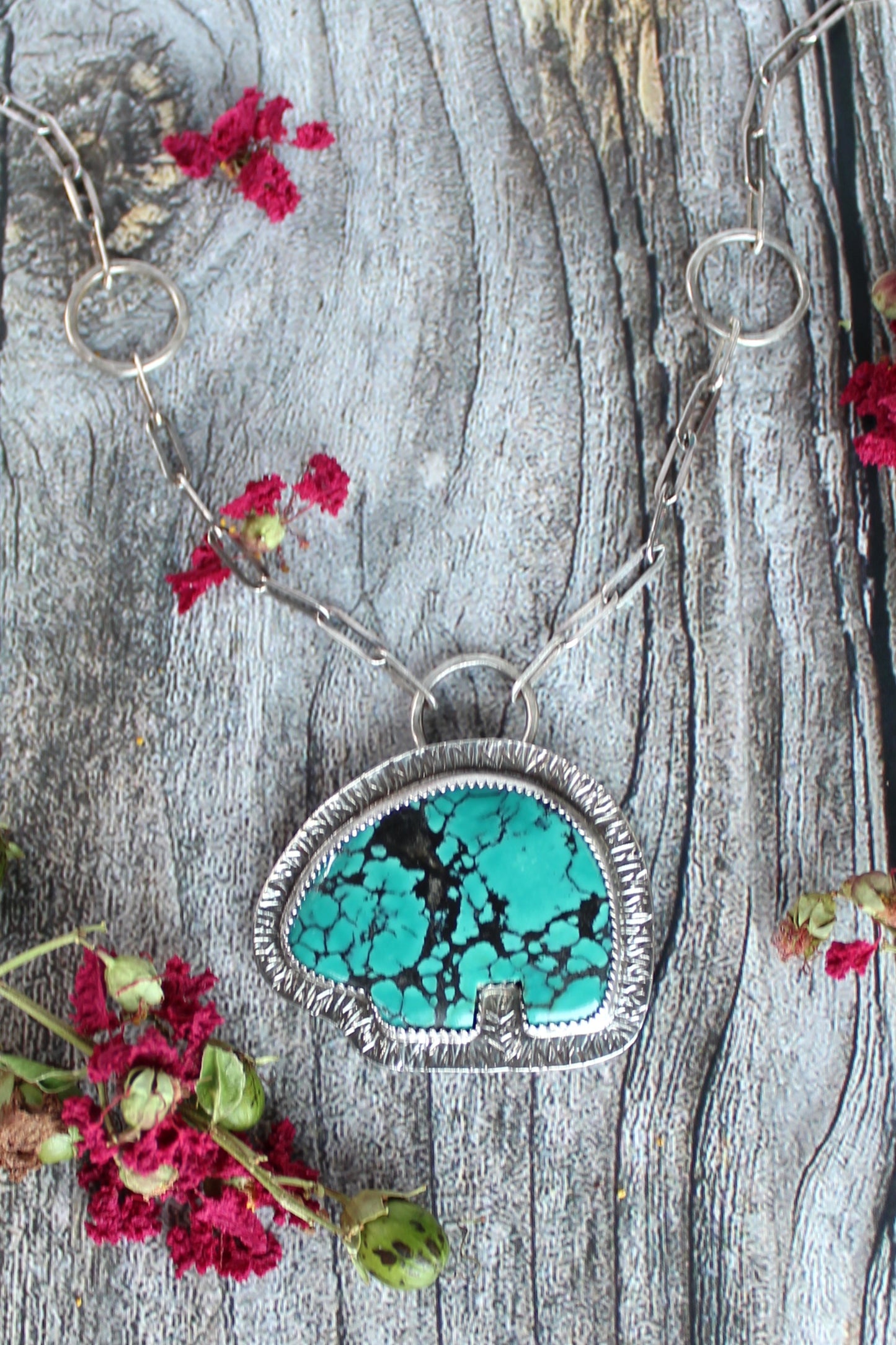 Turquoise Zuni Bear Sterling Silver Necklace. One of a Kind and Handmade by Cara Carter Jewelry