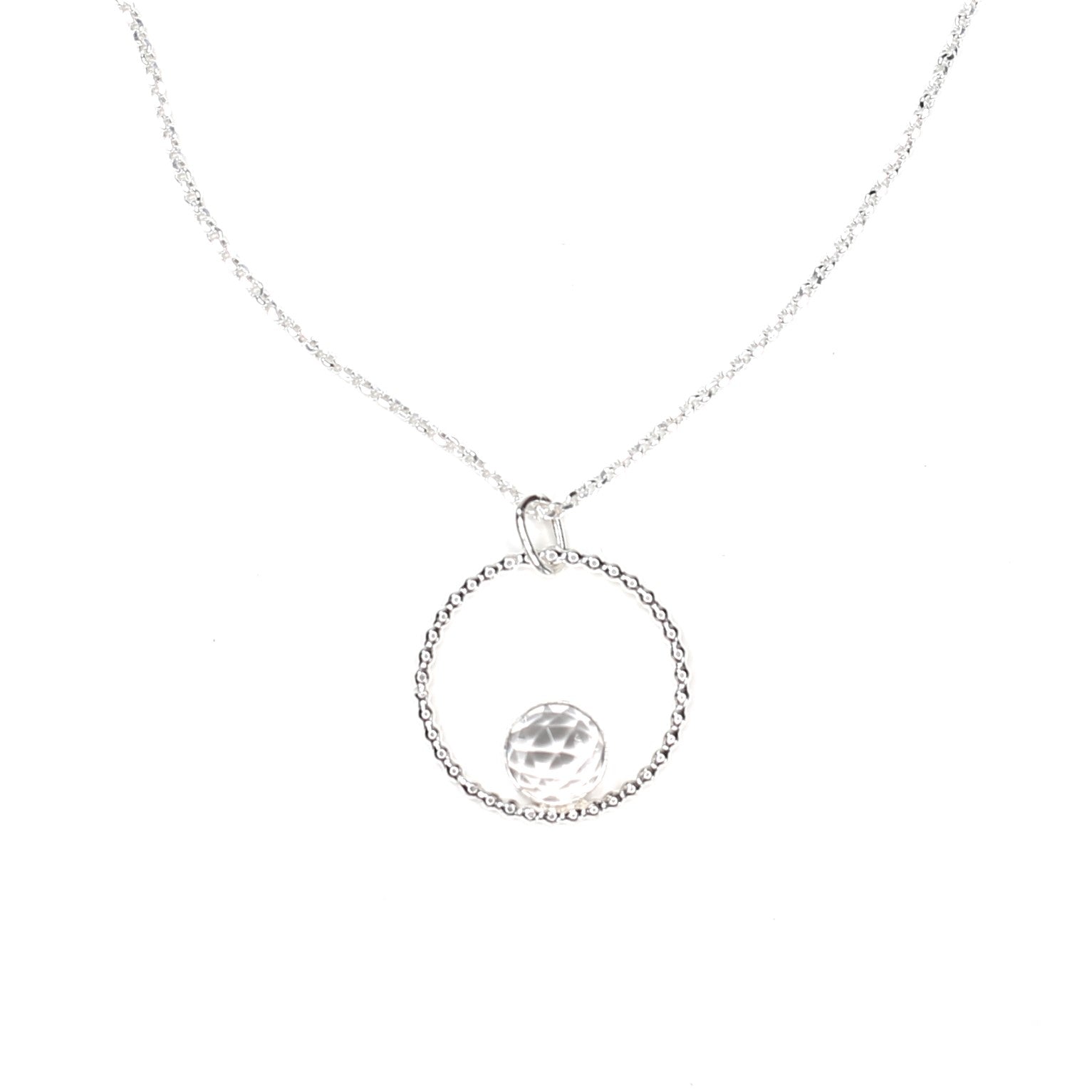 Beaded Circle Sterling Silver Pendant Necklace with Sparkling Faceted White Topaz Gemstone. Handmade by Cara Carter Jewelry