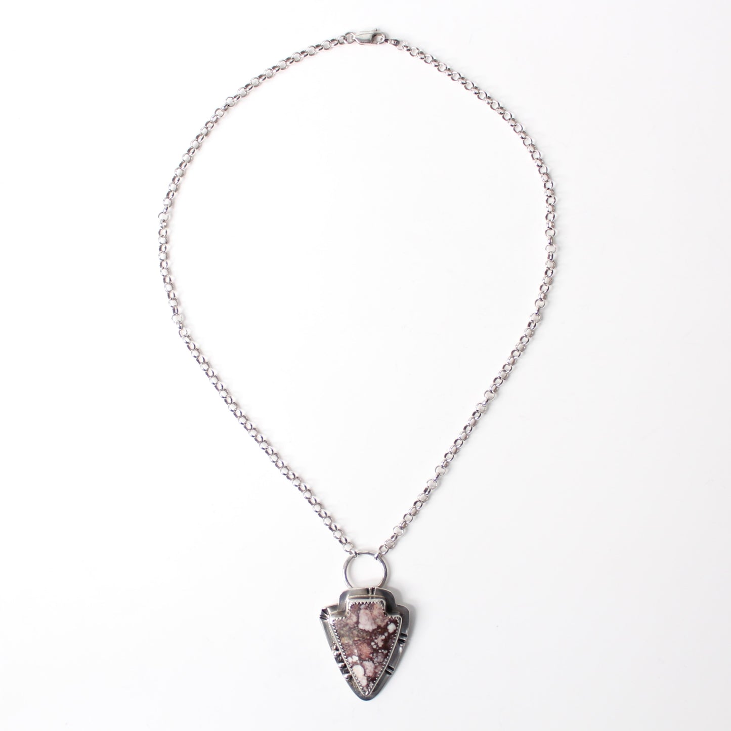Wildhorse Magnesite Arrowhead Shaped Brown White Gemstone set in Sterling Silver Necklace with Silver Bead Accents