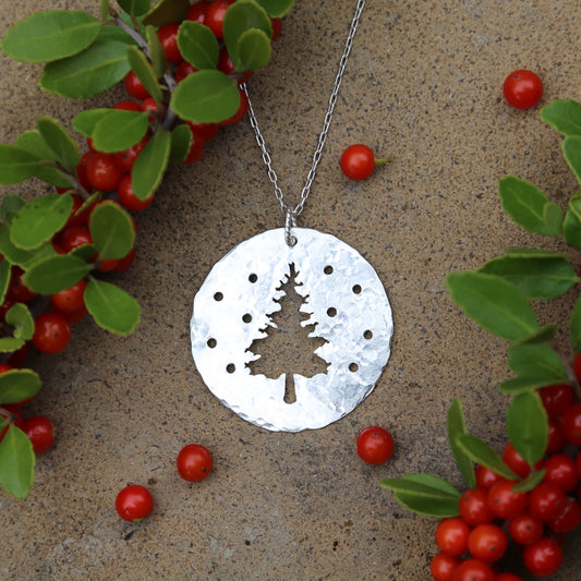 Winter in the Woods Pendant - Hand Cut and Hammered Circle Sterling Silver Pendant that Evokes a Pine Tree in a Snowy Forest