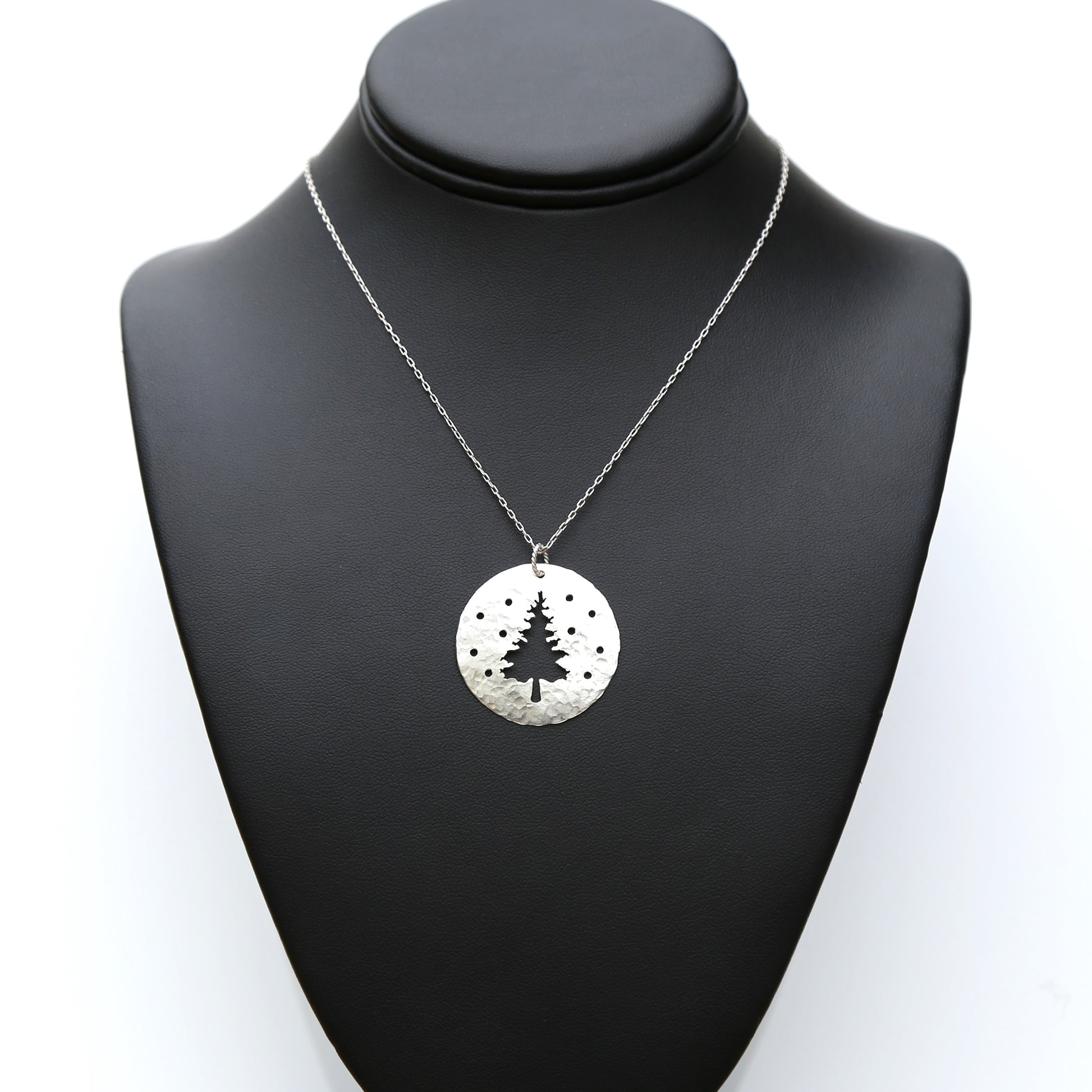 Winter in the Woods Pendant - Hand Cut and Hammered Circle Sterling Silver Pendant that Evokes a Pine Tree in a Snowy Forest