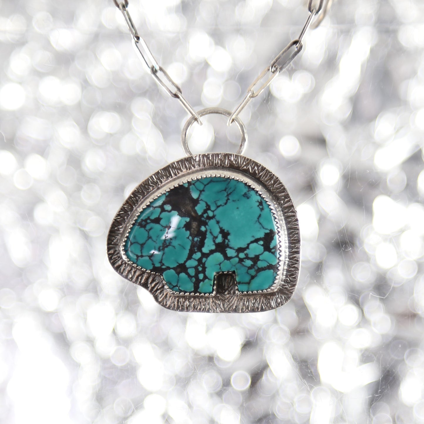 Turquoise Zuni Bear Sterling Silver Necklace